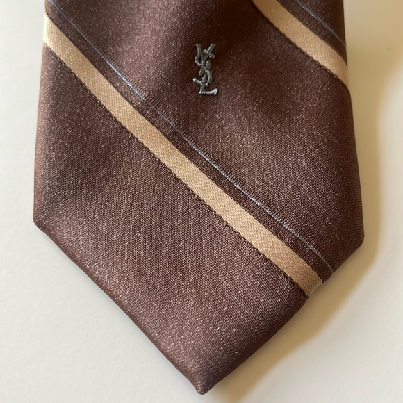 Yves Saint Laurent Neckwear Brown, Tan & Light Blue Silk Tie with “YSL” Emblem - Picture 2 of 6